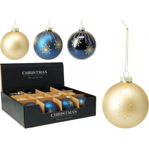 Skleněná baňka s ornamentem modrozlatá 8 cm, mix, sada 12 ks