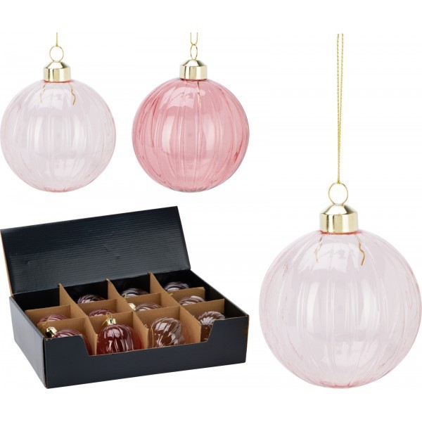 Skleněná vánoční baňka/koule světle růžová transparentní 8 cm, mix 2 barev, sada 12 ks