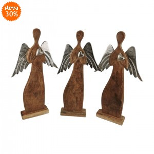 Dřevěný andílek Mango s kovovými křídly a srdíčkem - sada 3ks