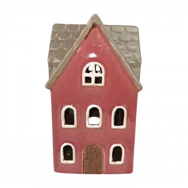 Keramický červenorůžový domeček na svíčku 23 cm