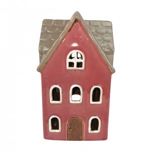 Keramický červenorůžový domeček na svíčku 23 cm