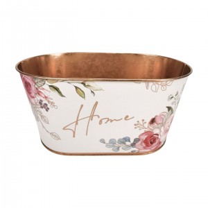 Oválný plechový květináč s motivem růží a nápisem "Home" 19 × 11 × 9 cm