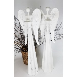 Plechový bílý anděl s kalíškem na svíčku 100 cm M, sada 2ks