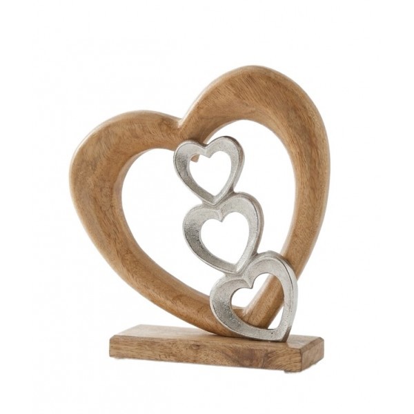 Dřevěné srdce se 3 kovovými srdíčky 19 cm