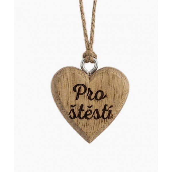 Dřevěné mango srdce s nápisem "Pro štěstí" 4 x 4 cm