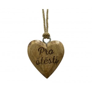 Dřevěné mango srdce s nápisem "Pro štěstí" 4 x 4 cm, sada 12 ks