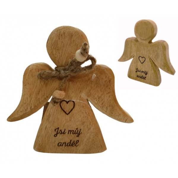 Dřevěný mango anděl s nápisem „Anděl ochránce“ 15 cm, sada 6ks