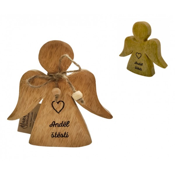Dřevěný mango anděl s nápisem „Anděl štěstí“ 15 cm, sada 6 ks