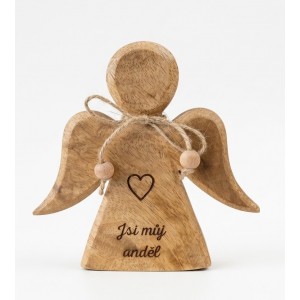 Dřevěný mango anděl s nápisem „Jsi můj anděl“ 15 cm, sada 3 ks