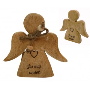 Dřevěný mango anděl s nápisem „Jsi můj anděl“ 15 cm, sada 6 ks