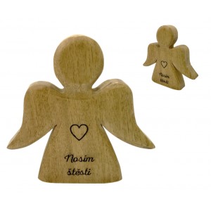 Dřevěný mango anděl s nápisem „Nosím štěstí“ 15 cm, sada 6 ks