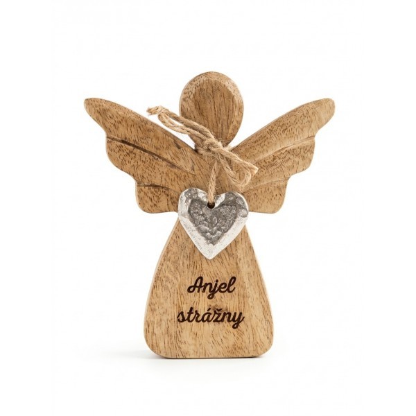 Dřevěný mango anděl s kovovým srdíčkem a nápisem „Anděl ochránce“ 13 cm, sada 8 ks