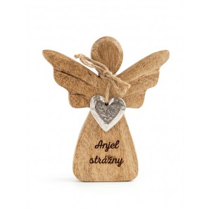Dřevěný mango anděl s kovovým srdíčkem a nápisem „Anděl ochránce“ 13 cm, sada 3 ks