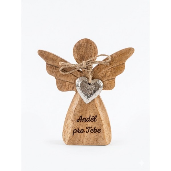 Dřevěný mango anděl s kovovým srdíčkem a nápisem „Anděl pro Tebe“ 13 cm, 8 ks