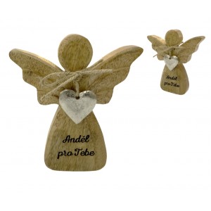 Dřevěný mango anděl s kovovým srdíčkem a nápisem „Anděl pro Tebe“ 13 cm, 8 ks