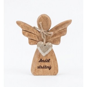 Dřevěný mango anděl s kovovým srdíčkem a nápisem „Anděl strážný“ 13 cm, sada 3 ks