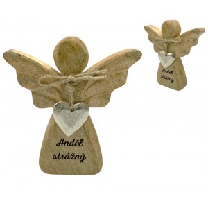 Dřevěný mango anděl s kovovým srdíčkem a nápisem „Anděl strážný“ 13 cm, sada 8 ks