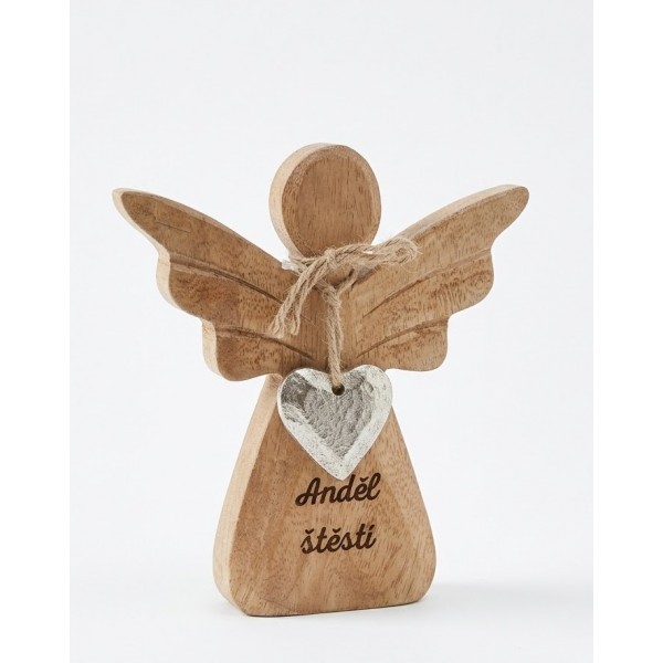 Dřevěný mango anděl s kovovým srdíčkem a nápisem „Anděl štěstí“ 13 cm, sada 6 ks
