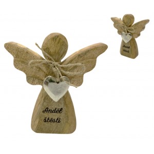 Dřevěný mango anděl s kovovým srdíčkem a nápisem „Anděl štěstí“ 13 cm, sada 8 ks