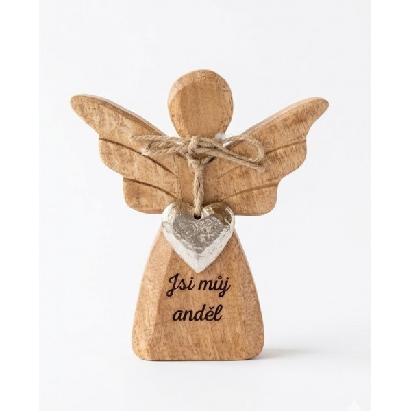 Dřevěný mango anděl s kovovým srdíčkem a nápisem „Jsi můj anděl“ 13 cm, sada 8 ks