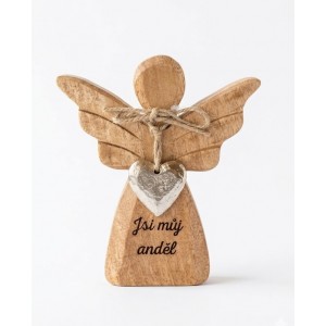 Dřevěný mango anděl s kovovým srdíčkem a nápisem „Jsi můj anděl“ 13 cm, sada 3 ks