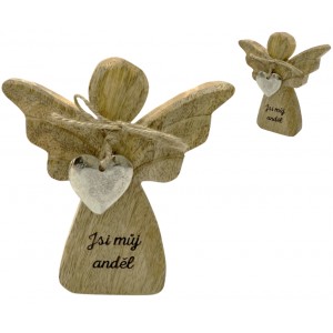 Dřevěný mango anděl s kovovým srdíčkem a nápisem „Jsi můj anděl“ 13 cm, sada 8 ks