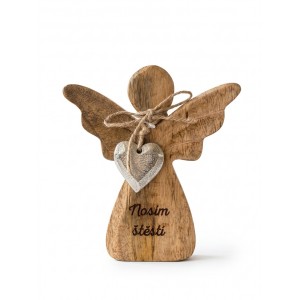 Dřevěný mango anděl s kovovým srdíčkem a nápisem „Nosím štěstí“ 13 cm, sada 6 ks