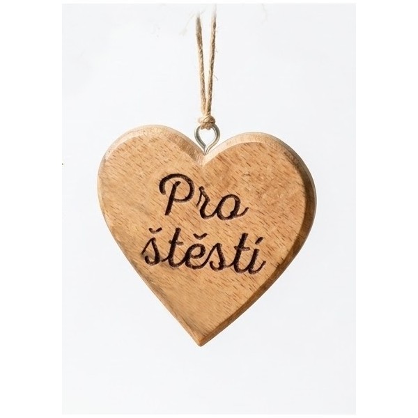 Dřevěné mango srdce s nápisem „Pro štěstí“ 7,5 cm, sada 8 ks