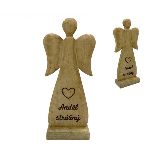 Dřevěný mango anděl s nápisem „Anděl strážný“ 27 cm, sada 4 ks