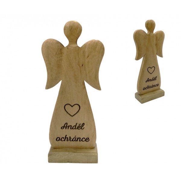 Dřevěný mango anděl s nápisem „Anděl ochránce“ 27 cm, sada 4 ks