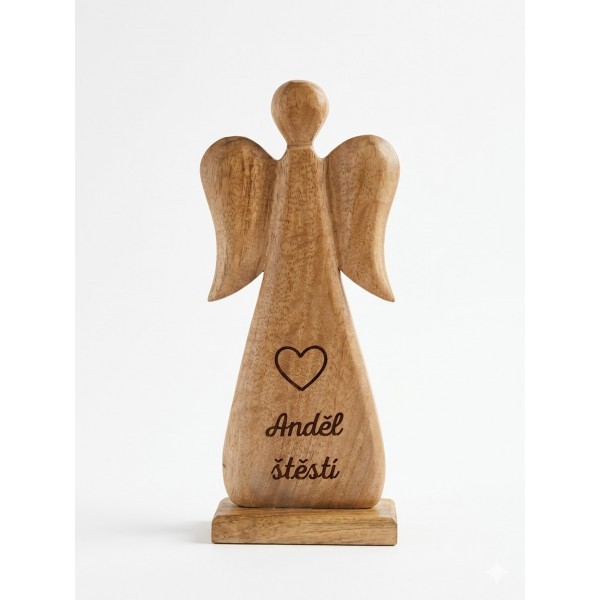 Dřevěný mango anděl s nápisem „Anděl štěstí“ 27 cm, sada 4 ks