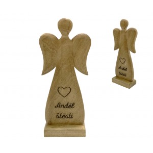 Dřevěný mango anděl s nápisem „Anděl štěstí“ 27 cm, sada 4 ks