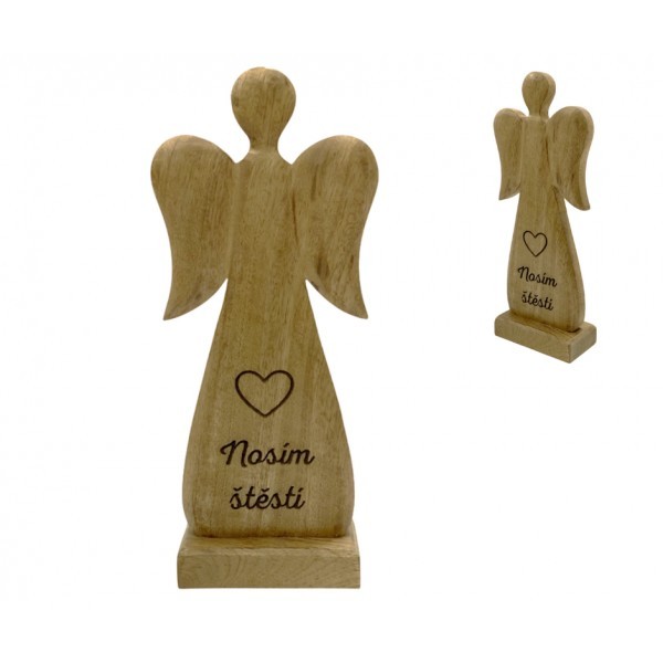Dřevěný mango anděl s nápisem „Nosím štěstí“ 27 cm, sada 4 ks