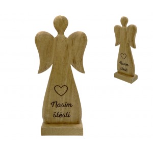 Dřevěný mango anděl s nápisem „Nosím štěstí“ 27 cm, sada 4 ks