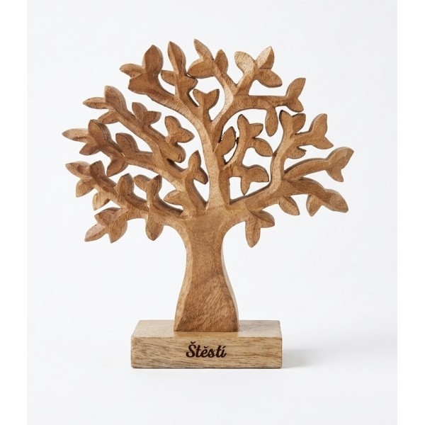 Dřevěný mango strom s nápisem „Štěstí“ 17 cm, sada 4 ks
