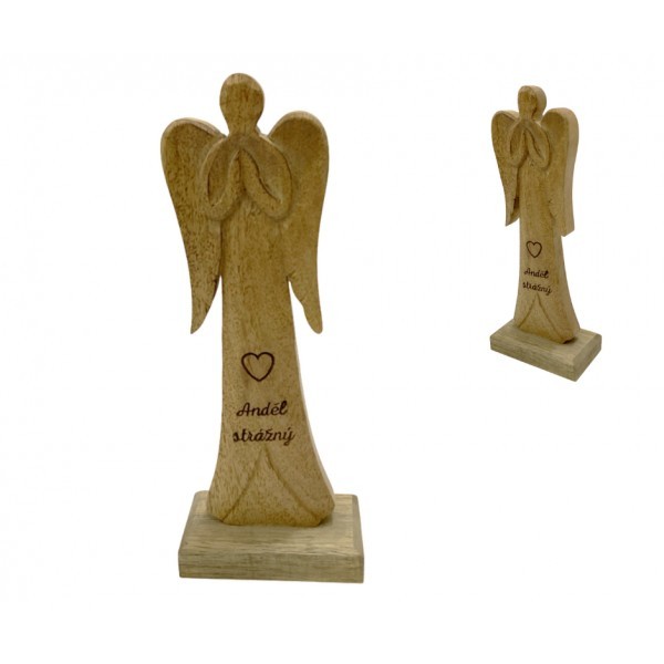 Dřevěný mango anděl s nápisem „Anděl strážný“ 21 cm, sada 4 ks