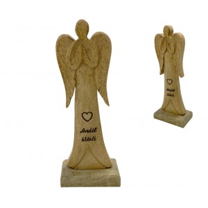 Dřevěný mango anděl s nápisem „Anděl štěstí“ 21 cm, sada 4 ks