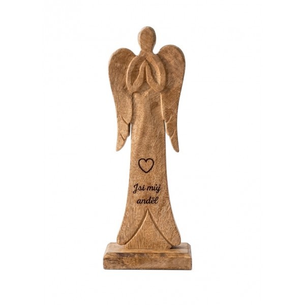 Dřevěný mango anděl s nápisem „Jsi můj anděl“ 21 cm, sada 2 ks