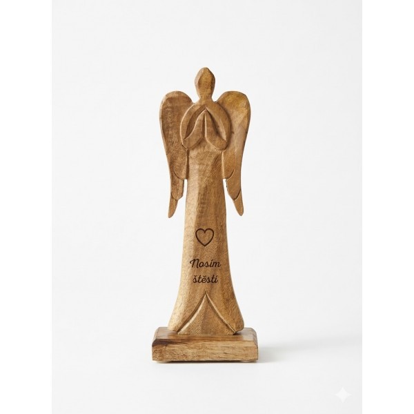 Dřevěný mango anděl s nápisem „Nosím štěstí“ 21 cm, sada 4 ks