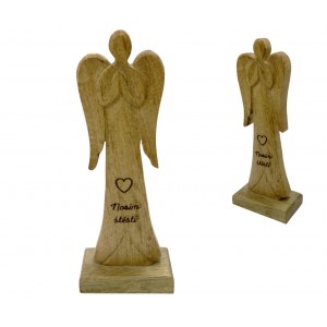 Dřevěný mango anděl s nápisem „Nosím štěstí“ 21 cm, sada 4 ks