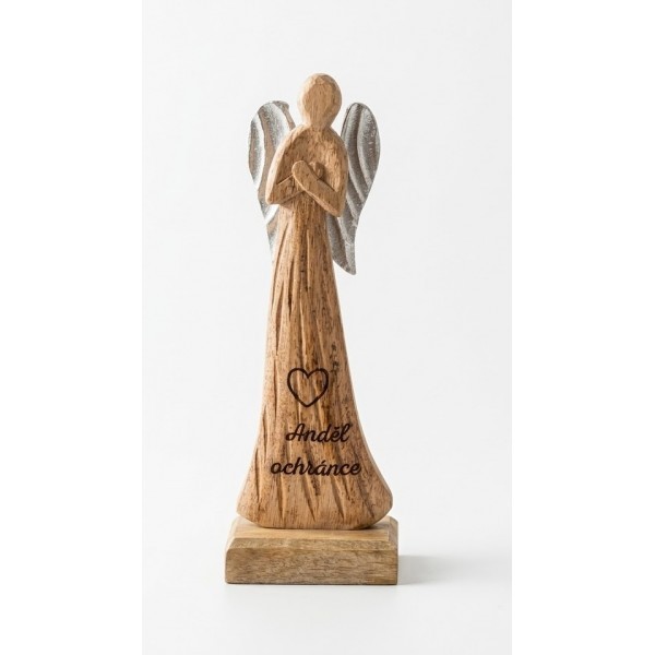 Dřevěný mango anděl s nápisem „Anděl ochránce“ 16,5 cm, sada 2 ks