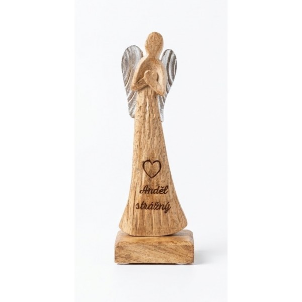 Dřevěný mango anděl s nápisem „Anděl strážný“ 16,5 cm, sada 2 ks