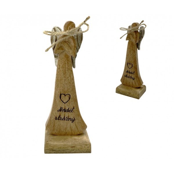Dřevěný mango anděl s nápisem „Anděl strážný“ 16,5 cm, sada 4 ks