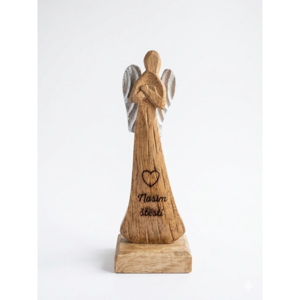 Dřevěný mango anděl s nápisem „Nosím štěstí“ 16,5 cm, sada 4 ks