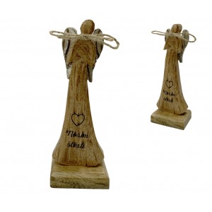 Dřevěný mango anděl s nápisem „Nosím štěstí“ 16,5 cm, sada 4 ks