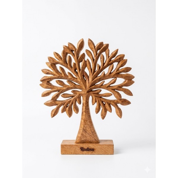 Dřevěný strom z mangového dřeva s nápisem „Rodina“ 27 cm, sada 2 ks