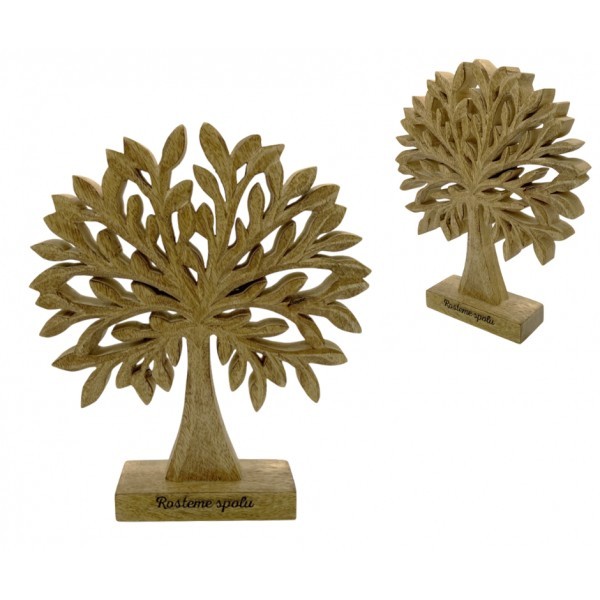Dřevěný strom z mangového dřeva s nápisem „Rosteme spolu“ 27 cm, sada 2 ks