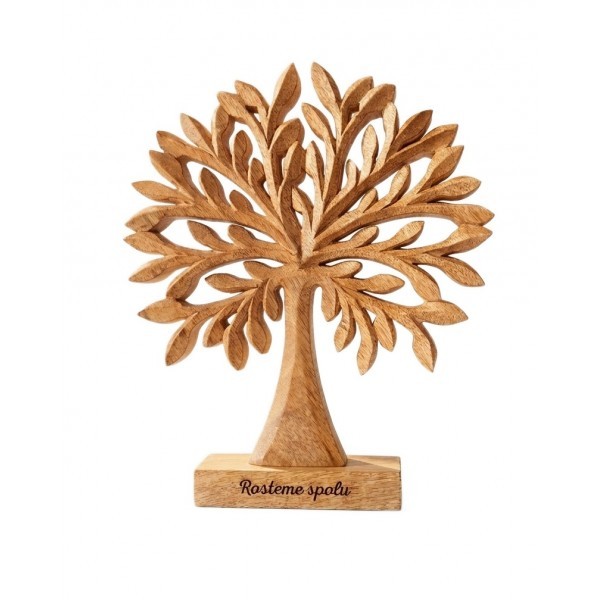 Dřevěný strom z mangového dřeva s nápisem „Rosteme spolu“ 27 cm