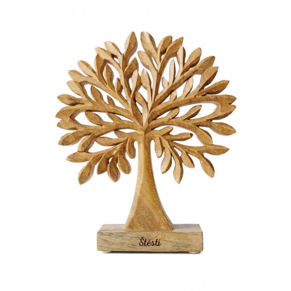 Dřevěný strom z mangového dřeva s nápisem „Štěstí“