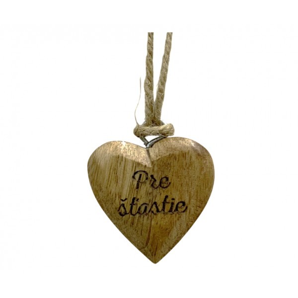 (SK) Dřevěné mango srdce s nápisem „Pro šťastie", 4x4x2 cm, sada 12 ks